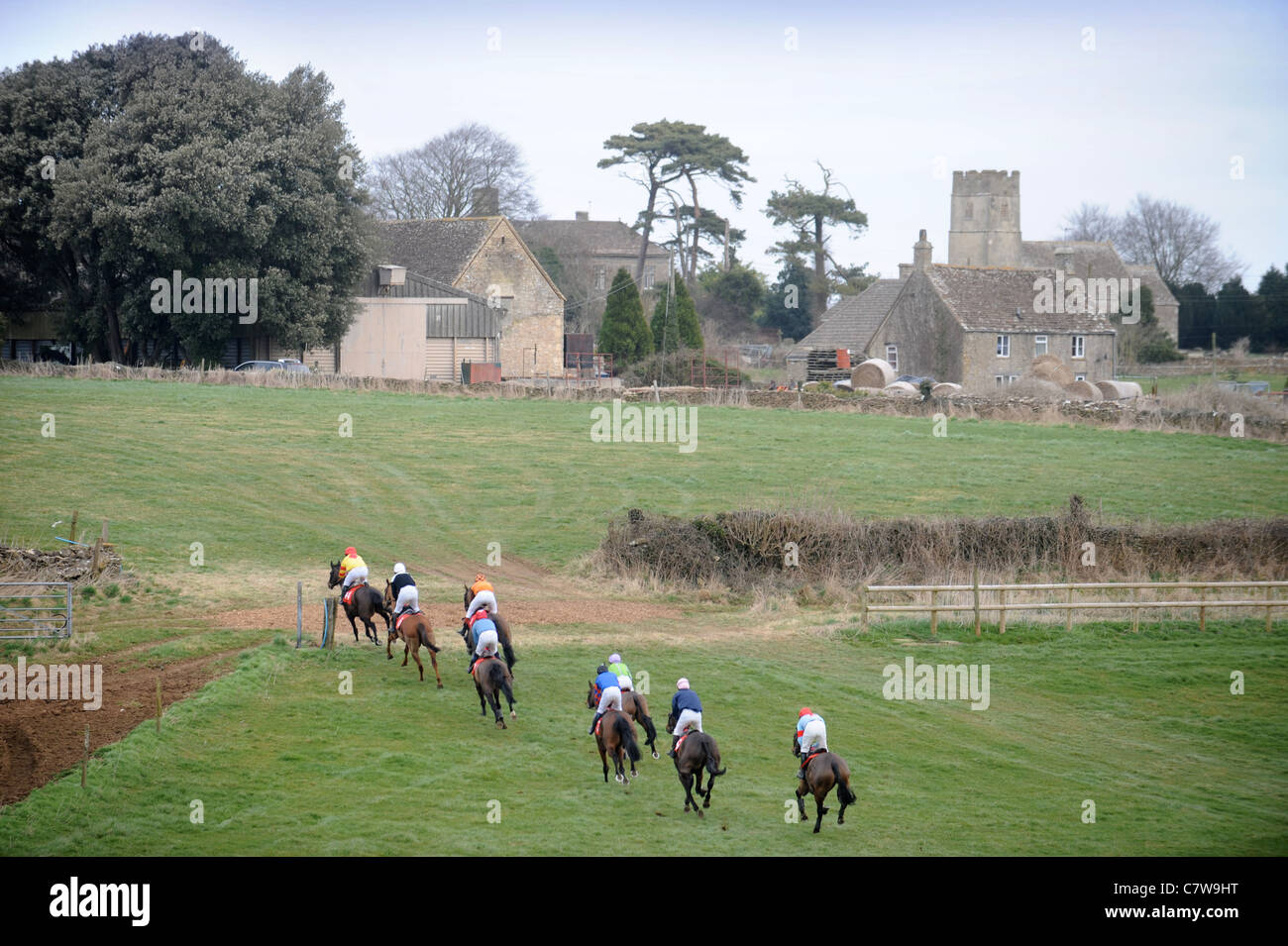 Rennpferde auf dem Platz an der Duke of Beaufort Jagd Punkt, Gloucestershire UK Stockfoto