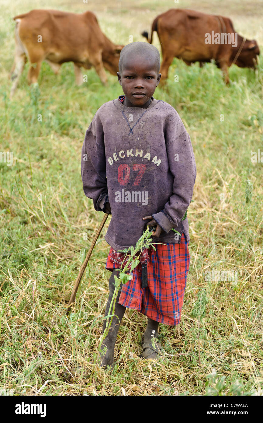 Masai junge auf der Suche nach Vieh, Meserani, Tansania. Stockfoto