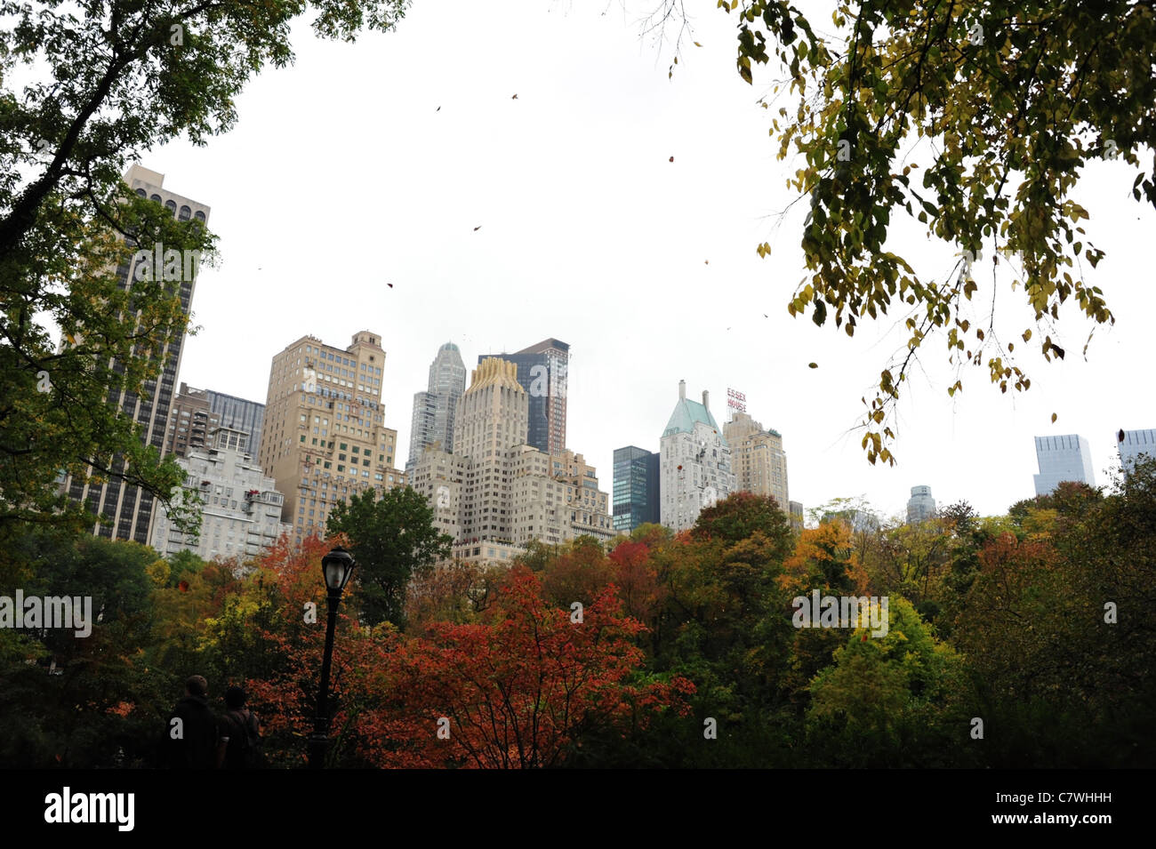 Grauen Himmel regnerischen Aussicht Wolkenkratzer-Skyline, rote Herbst Bäume und dunklen fallende Blätter, Osten fahren weg, Central Park, New York City Stockfoto