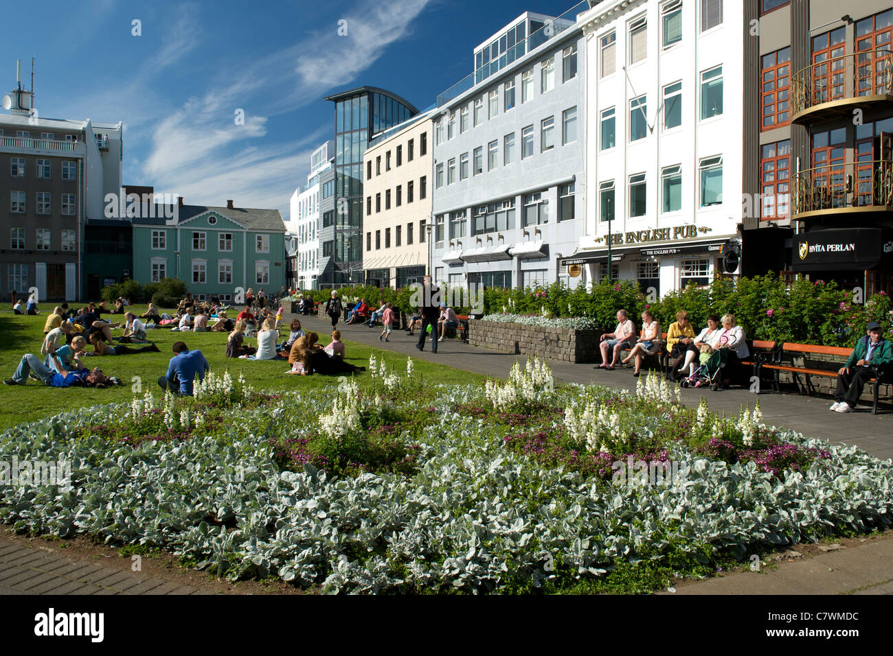 Die Austurvollur (östliche Feld) Altstädter Ring im Zentrum von Reykjavik, die Hauptstadt von Island. Stockfoto