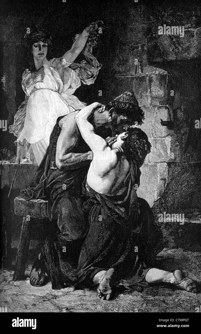 Die Göttin Athene steht im Hintergrund, wie Odysseus selbst bekannt, seinem Sohn Telemach macht nachdem er nach Hause zurückkehrt. Stockfoto