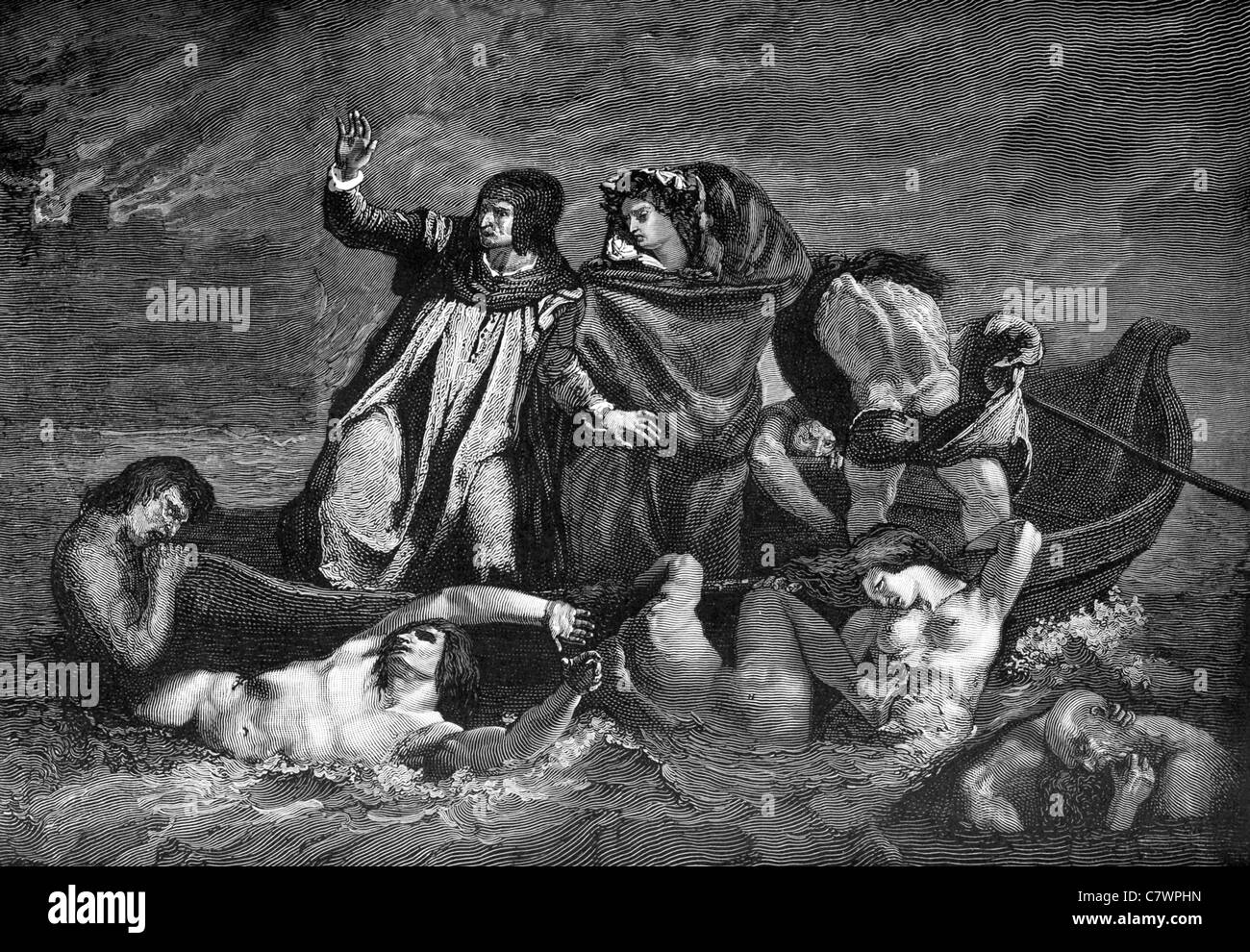 Dante (stehend links) wird durch die furchtbare Bootsfahrt über der Unterwelt Fluß Styx von seinem Mentor, Virgil unterstützt. Stockfoto