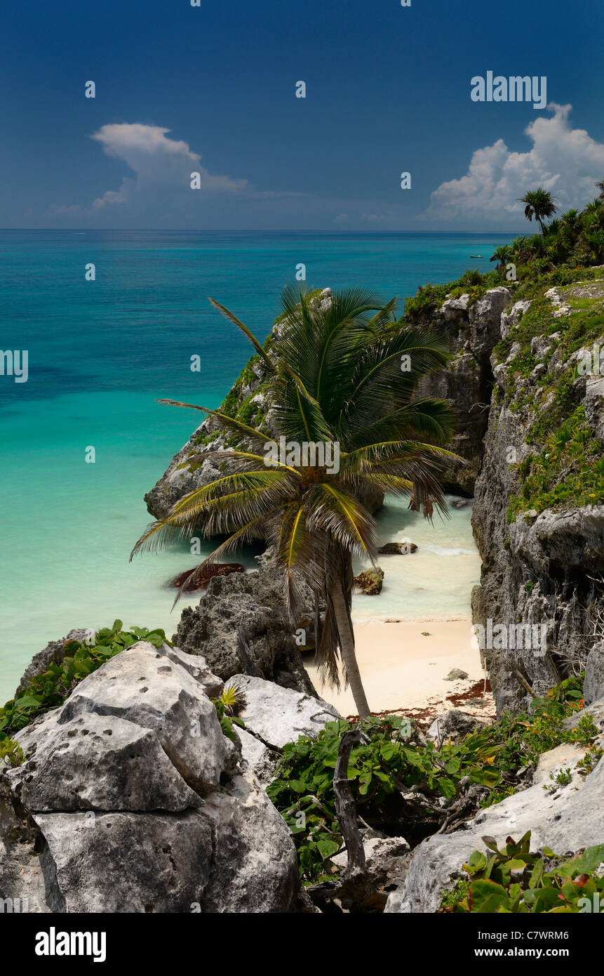 Steilen felsigen Klippen und Sand Strand bei Tulum in der Karibik Golf von Mexiko Stockfoto