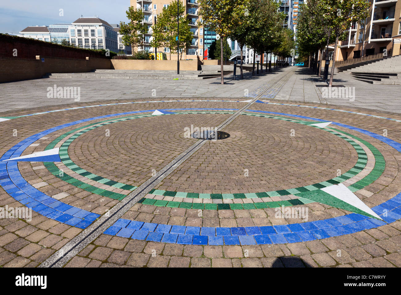 Nullmeridian Line Marker, Isle of Dogs, London, UK. Stockfoto