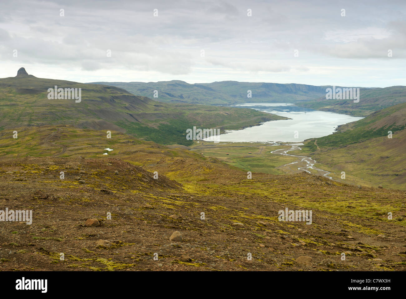 Zeigen Sie bis Thorskafjordur (Þorskafjordur) Fjord von der 608 Road in den Westfjorden Region Nordwesten Islands an. Stockfoto