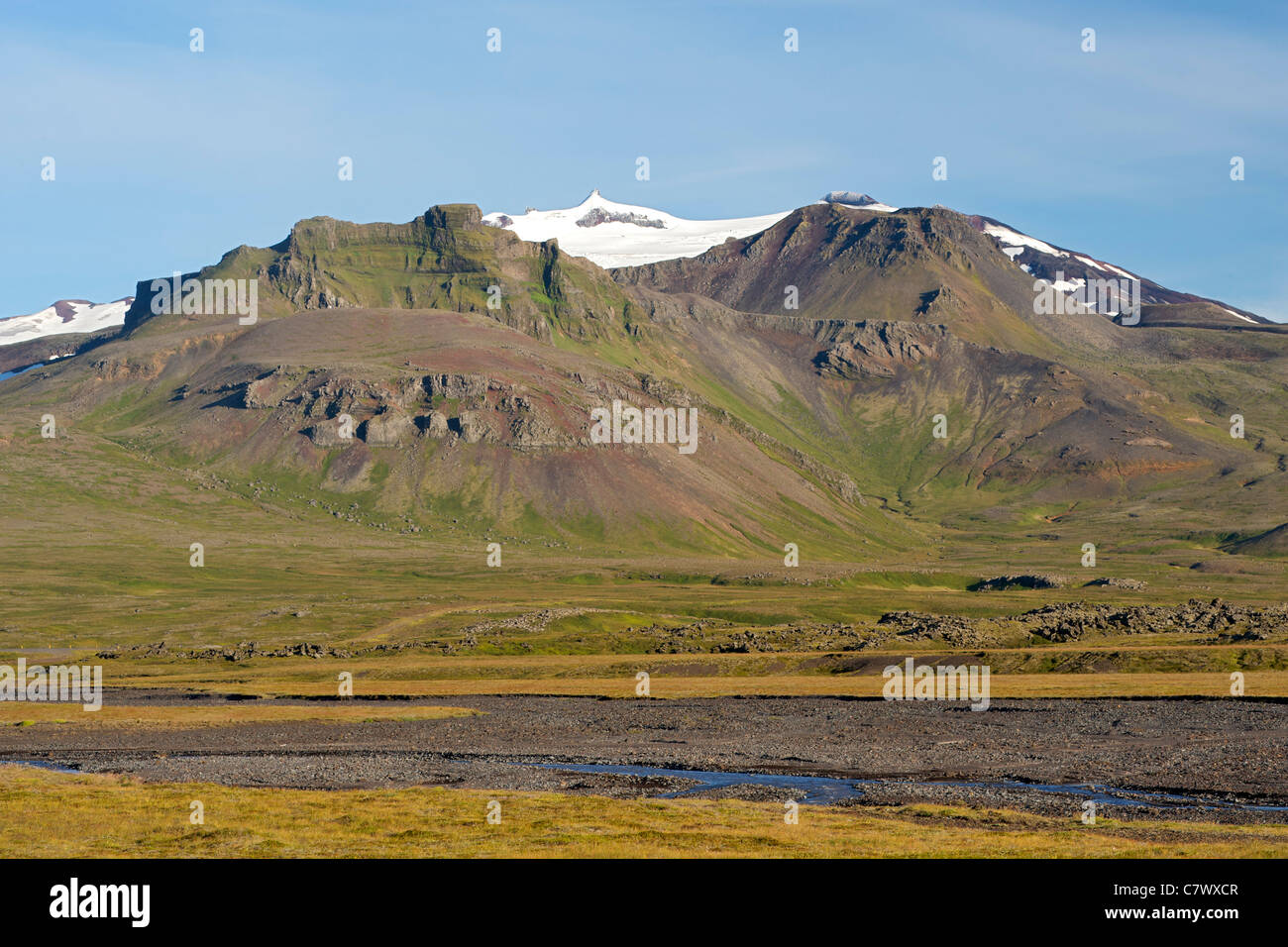 Snaefellsjökull (1446m) im Snaefellsjökull Nationalpark nordwestlich von Reykjavik in West Island. Stockfoto