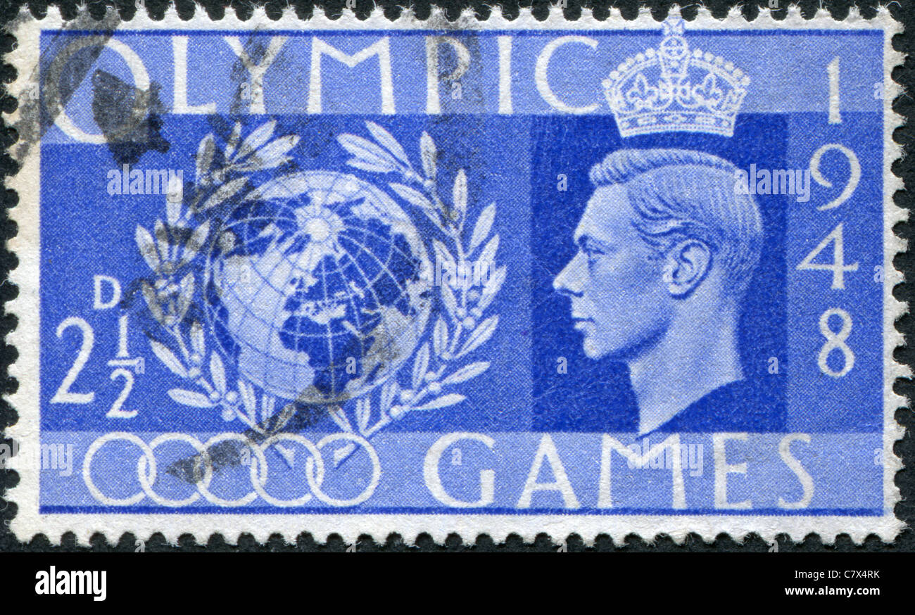 Vereinigtes Königreich - 1948: A gewidmet der Olympischen Spiele im Wembley-Stadion im Juli und August, zeigt einen Globus und Lorbeer Kranz Stockfoto