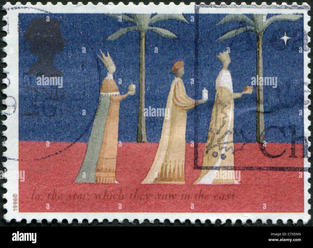Vereinigtes Königreich - 1996: Eine Briefmarke gedruckt in England, zeigt die Heiligen drei Könige folgen den Stern, Verkündigung, Geburt Stockfoto