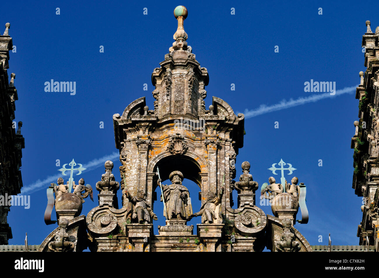 Spanien, Jakobsweg: Detail der Westfassade der Kathedrale von Santiago de Compostela Stockfoto