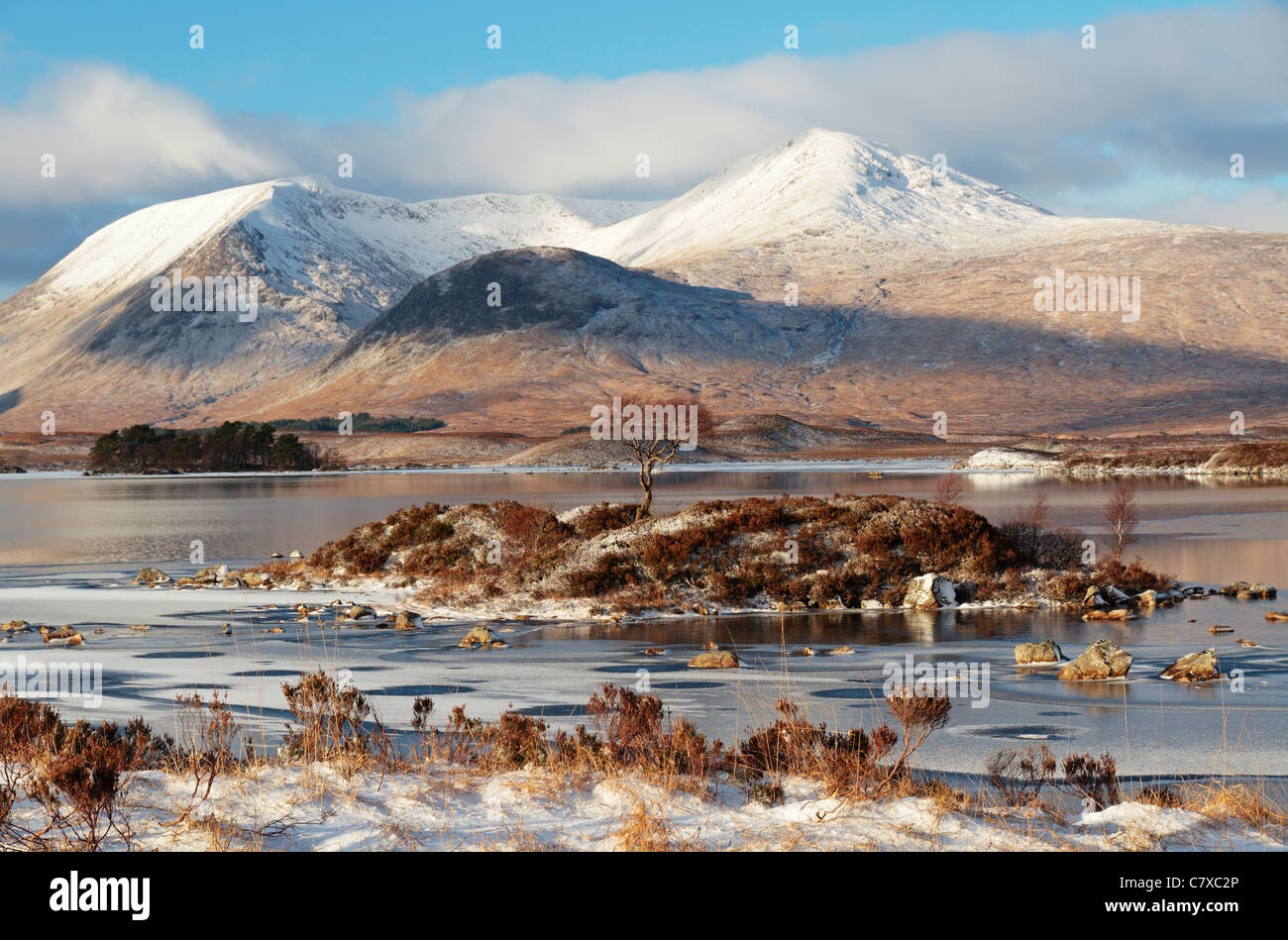 Rannoch Moor im Winter, Loch Nah-Ahlaise (Lochan Na H Achlaise) Black Mount in Background, Highland Region, Schottland, Großbritannien Stockfoto