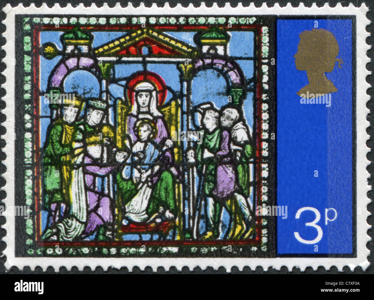 UK - 1971: Eine Briefmarke gedruckt in England, Weihnachten (von Stained Glass Windows Canterbury Kathedrale): Anbetung der Könige Stockfoto