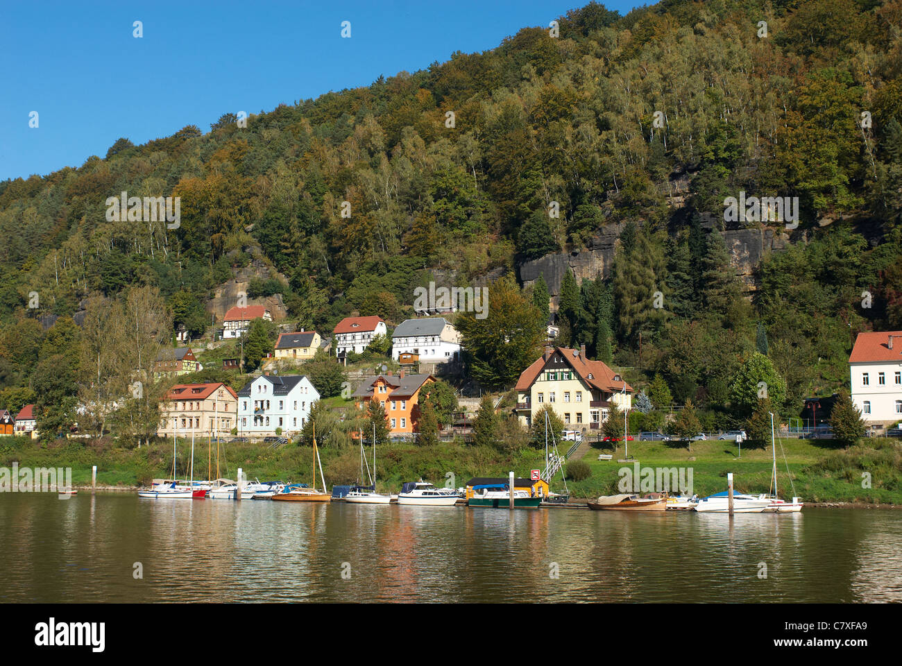Elbe River, Hrensko - Bad Schandau, Böhmische Schweiz, Tschechische Republik Felsformation, Elbsandsteingebirge, Sächsische Stockfoto
