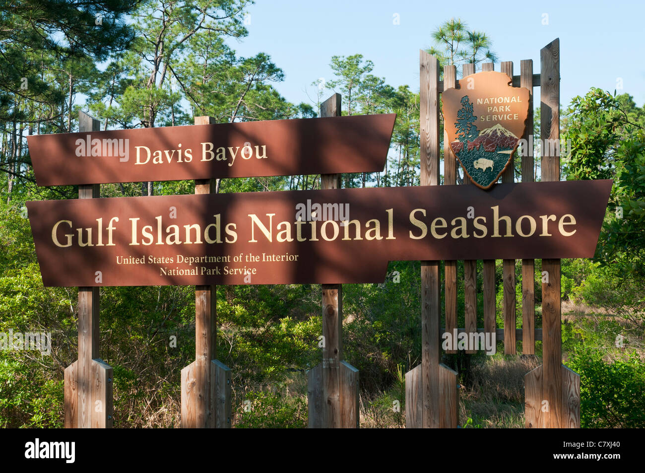Ocean Springs, Mississippi, Gulf Islands National Seashore, Davis Bayou, Eingang Zeichen Stockfoto
