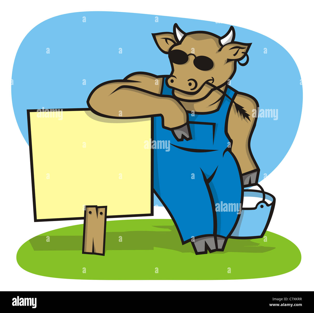 Eine coole Rinder mit Milch mit einem Schild bereit, Ihre Botschaft zu vermitteln. Stockfoto