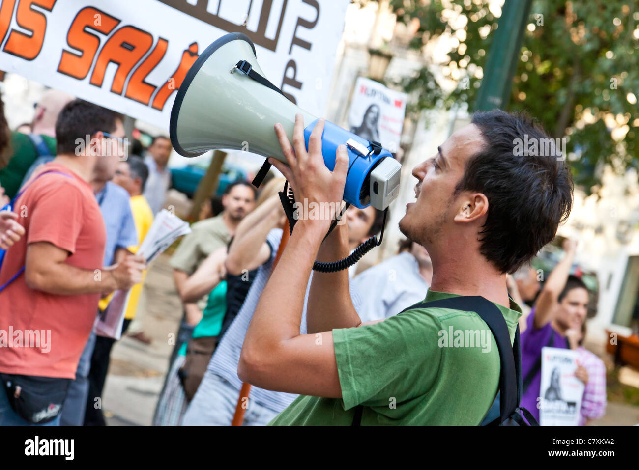 Demonstration gegen den IWF, Sparmaßnahmen und Verteidigung der Beschäftigung, Löhne und Renten. Lissabon, 1. Oktober 2011. Stockfoto