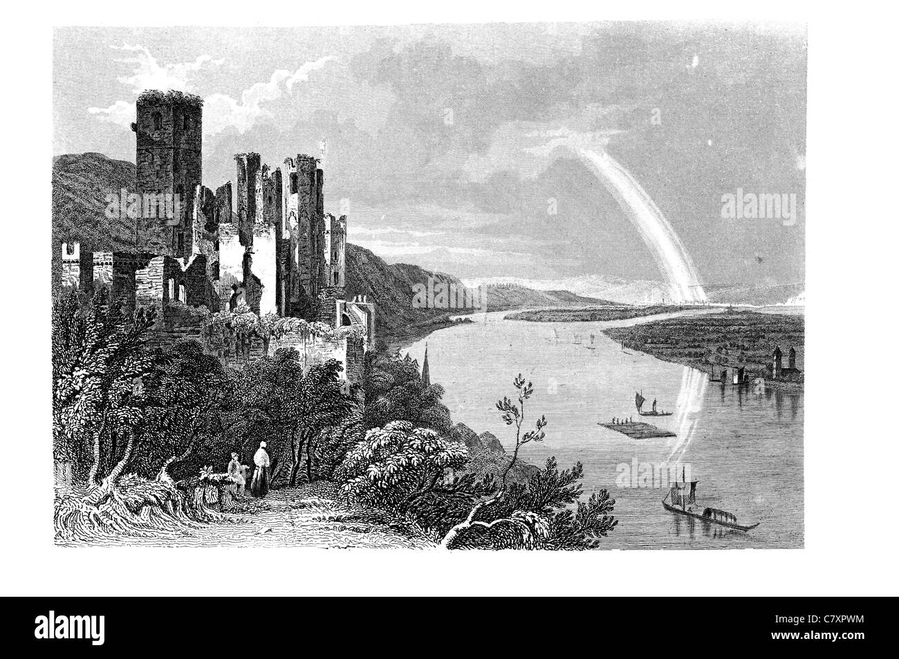 Stolzenfels Schloss Koblenz Rhein Deutschland Neo gotischen mittelalterlichen Rittertums Turnier Website Burgen Architektur Hügel Fels Stockfoto