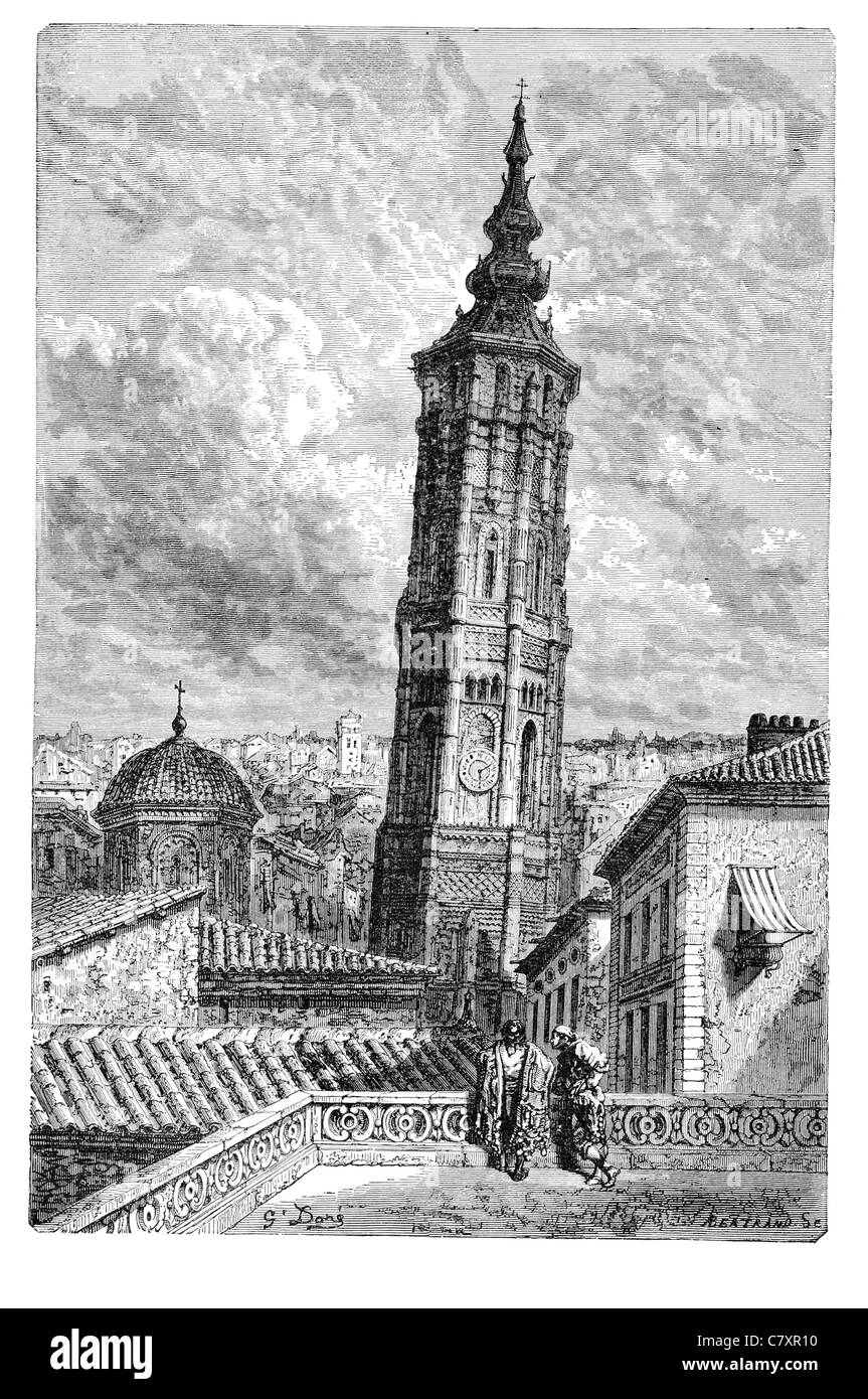 World Heritage Site Mudéjar Architektur Aragon Plaza De La Seo La Seo Glocke Uhr Saragossa schiefen Turm Kuppel Wahrzeichen Stockfoto