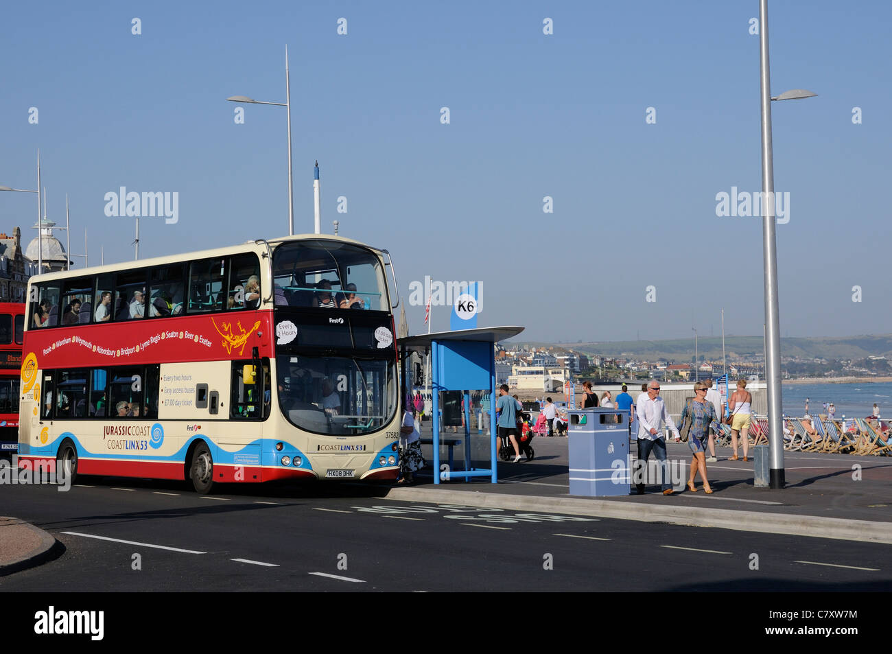 Jurassic Küste Busservice Firstbus in Weymouth, Dorset, England Stockfoto