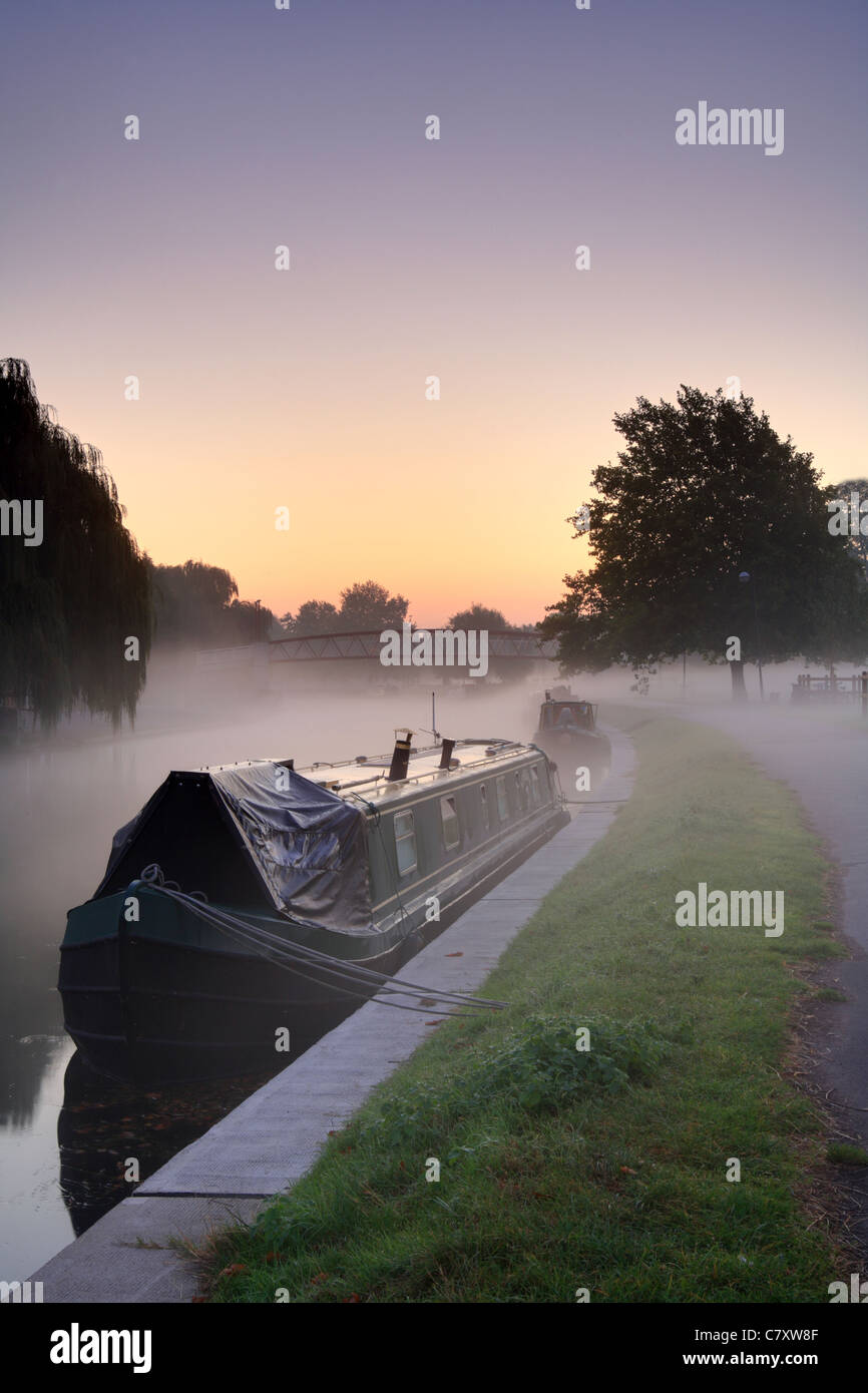 Kanalboot vertäut am gemeinsamen Mittsommer, Fluss Cam, Cambridge. Dawn Nebel vom Fluss steigt. Stockfoto