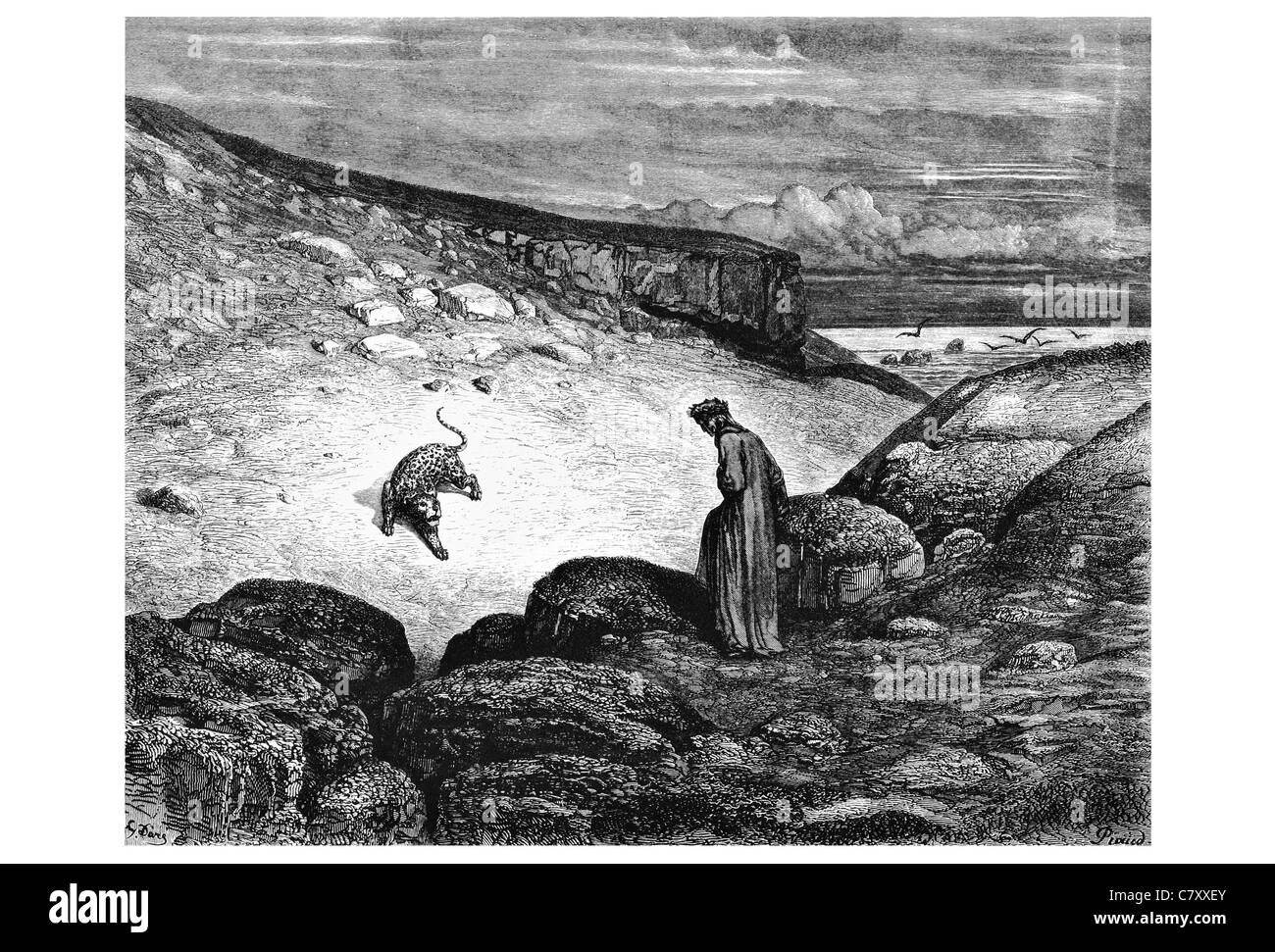 Erschrecken Sie der Aufstieg Panther die Vision der Hölle Dante Alighieri Gustave Doré leiden Strafe jenseits Religion göttlich verdammt Stockfoto