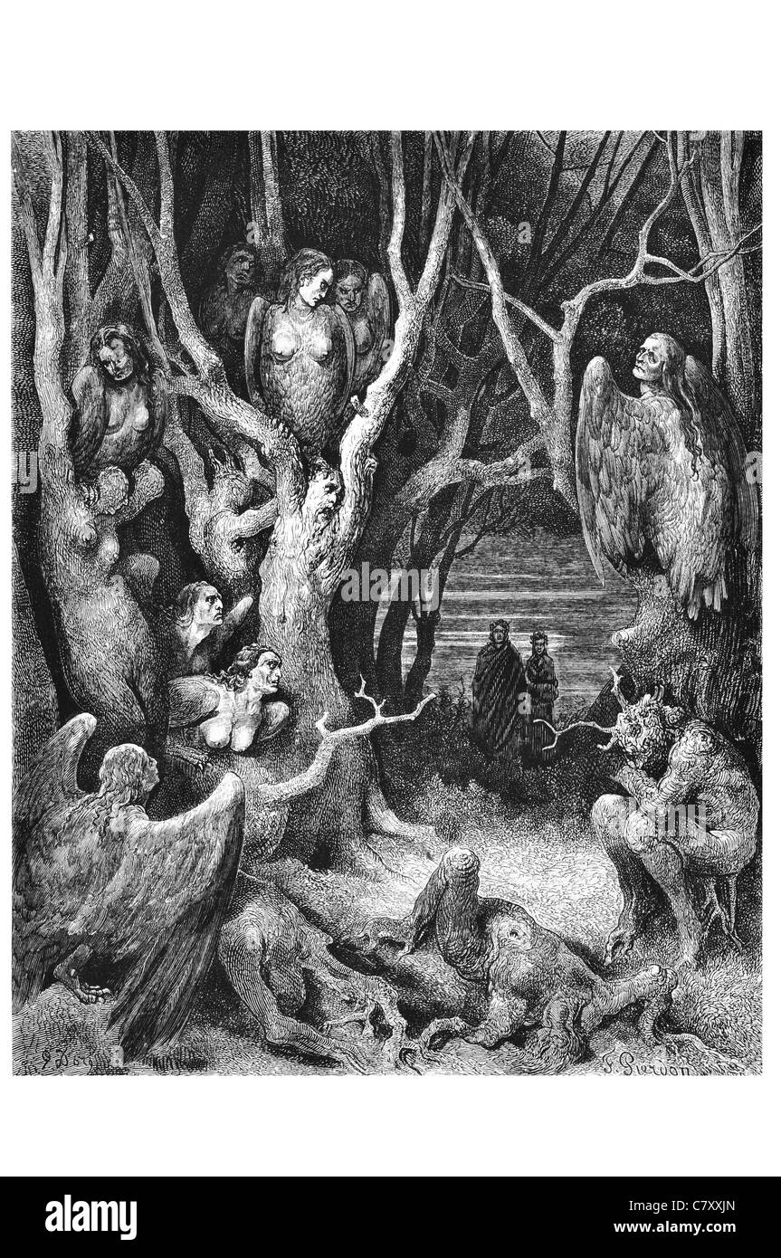 Hier machen die rohen Harpyien ihr Nest Ghule Ghul geflügelte Engel des Todes Fawn verwurzelt Wurzel Wurzeln Stockfoto