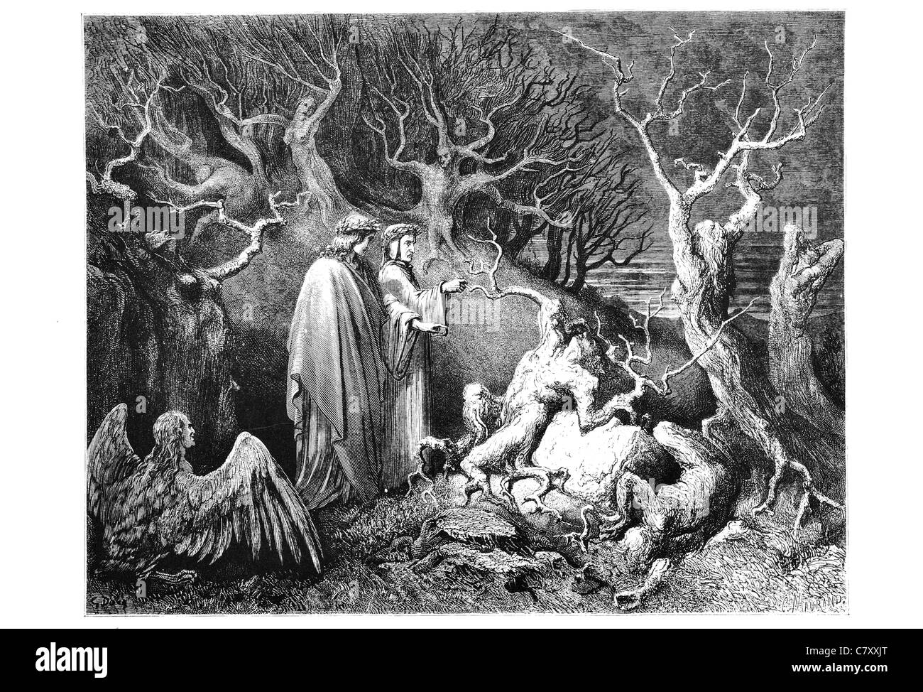 Ghule Ghul geflügelte Engel Tod Fawn verwurzelte Wurzel Wurzeln gerade der Kofferraum warum rief zupfen est du mich? Stockfoto