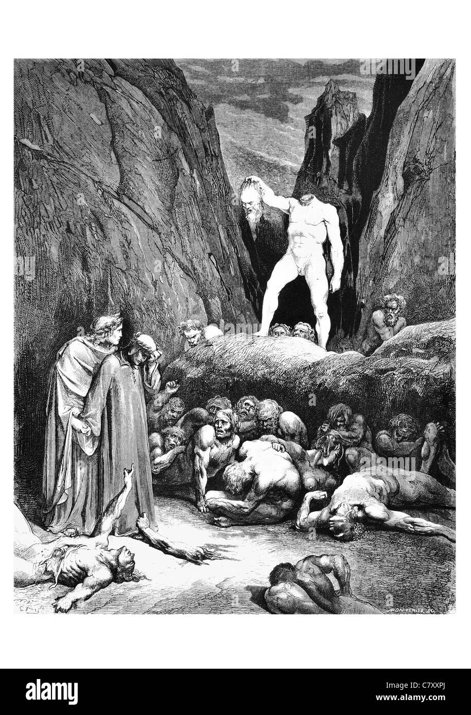 An den Haaren, die, den es die abgetrennten Kopf Mitglied Laterne trug, Weise Anhänger in der Hand, die uns angeschaut und gesagt Wehe mir enthauptet ausgeführt Stockfoto