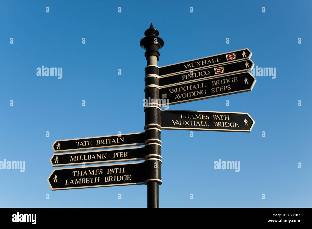 Wegweiser, Thames Path, London, England, Vereinigtes Königreich Stockfoto