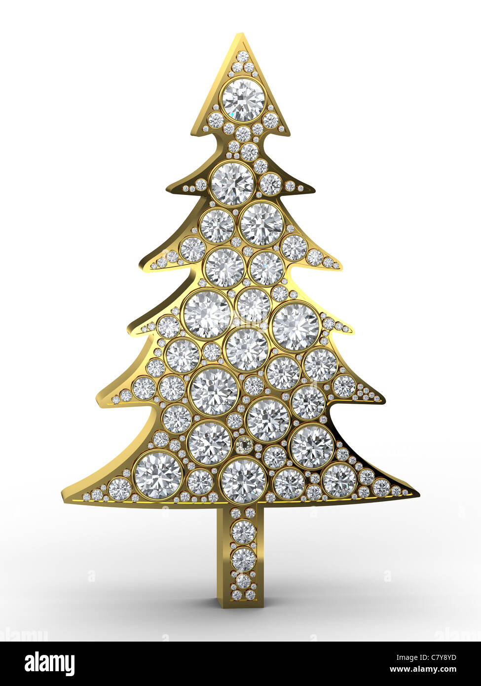 Goldener Weihnachtsbaum mit Diamanten auf weißem Hintergrund Stockfoto