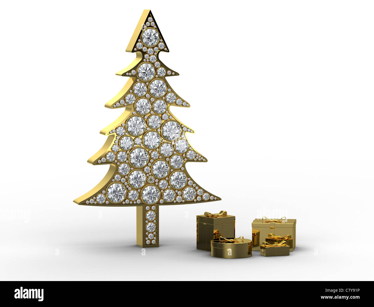 Goldener Weihnachtsbaum mit Diamanten und Geschenk-Boxen auf weißem Hintergrund Stockfoto