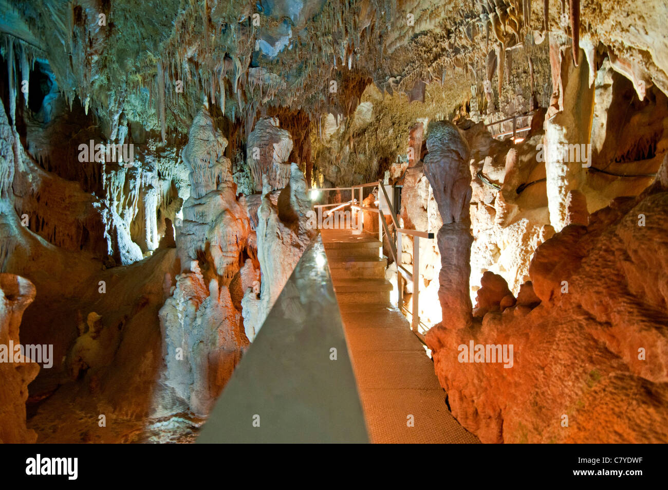 Stalaktiten & Stalagmiten in der berühmten Petralona Höhle, Chalkidiki, Griechenland, Mazedonien Stockfoto