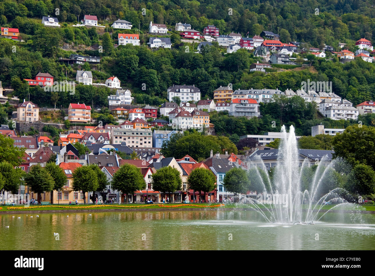 Bergen-Residenzen am Mount Floien mit Blick auf Zierteich Lille Lundegardsvann mit Brunnen Stockfoto