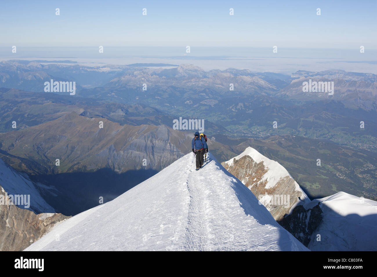Alpinisten erreichen den Gipfel (Höhe: 4810m) des Mont Blanc. Chamonix, Haute-Savoie, Auvergne-Rhône-Alpes, Frankreich. Stockfoto