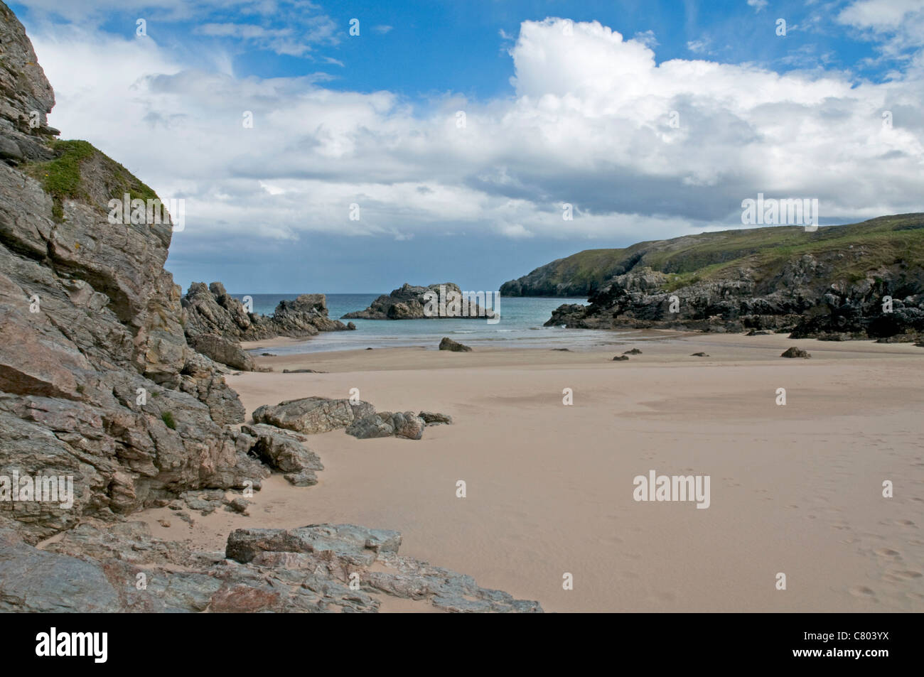 Idyllische menschenleeren Sandstrand an Sango Bay im äußersten Norden von Schottland Stockfoto