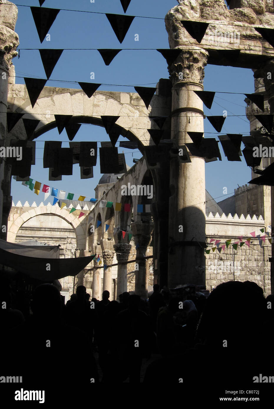 Umayyaden-Moschee, Umayyaden Moschee Omajaden Moschee Syrien, Syrien, Damaskus Minarette & Tempel des Jupiter Dasmskus Stockfoto