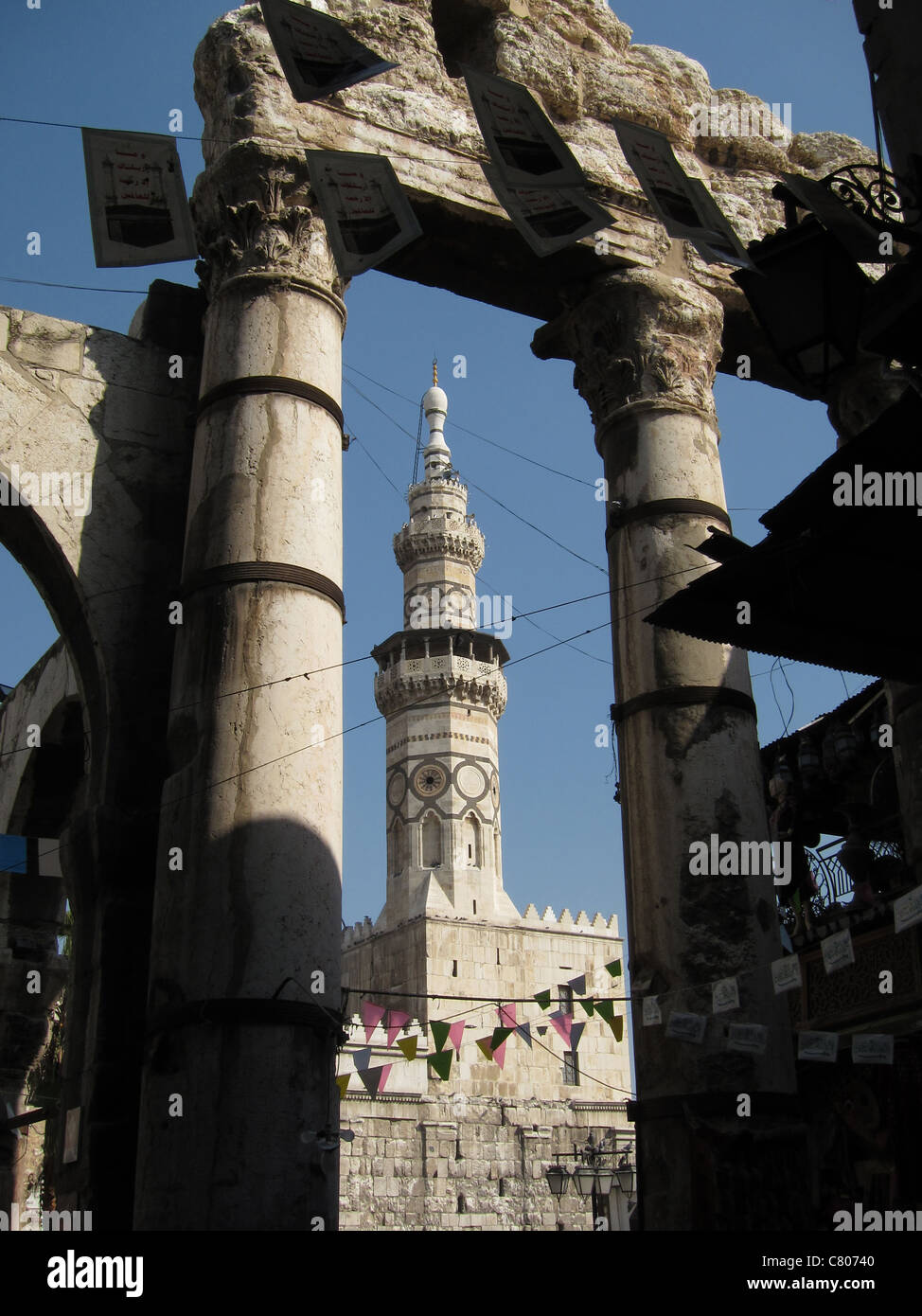 Umayyaden-Moschee, Umayyaden Moschee Omajaden Moschee Syrien, Syrien, Damaskus Minarette & Tempel des Jupiter Dasmskus Stockfoto