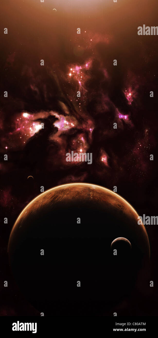 Eine öde Welt geht vor einer großen und komplexen Nebel. Stockfoto