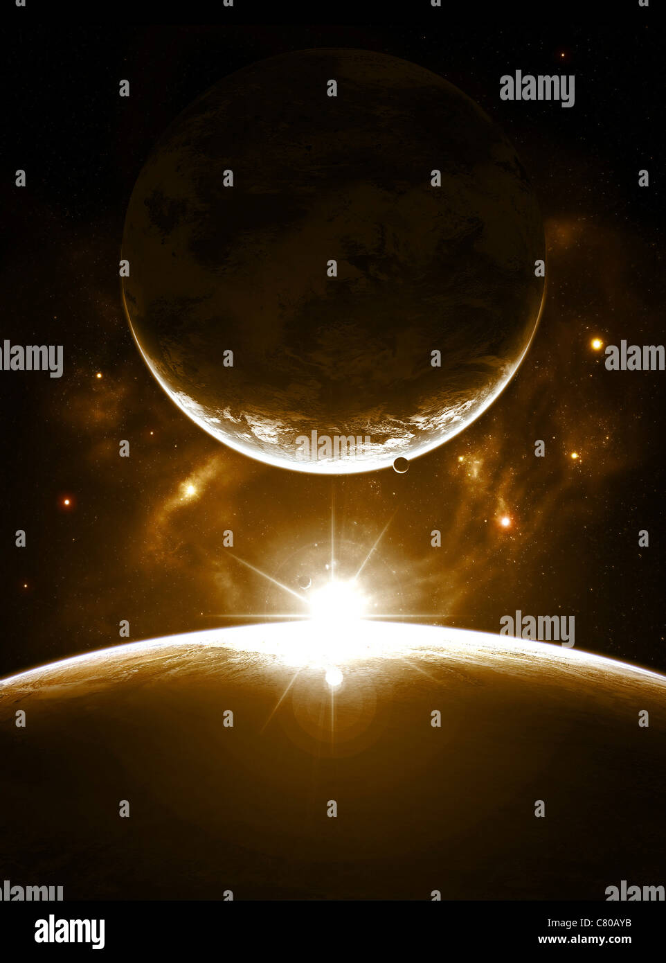 Ein heller Morgen als den Sonnenaufgang über dem Planeten bricht den Rand für einen wunderbaren Anblick. Stockfoto