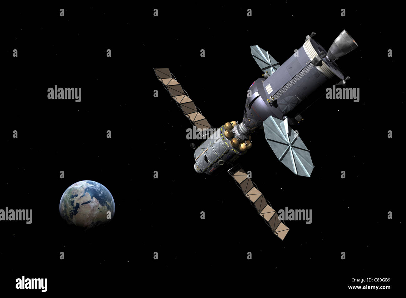 Künstlers Konzept des Deep Space Fahrzeugs gepaart mit einem erweiterten bleiben-Modul. Stockfoto