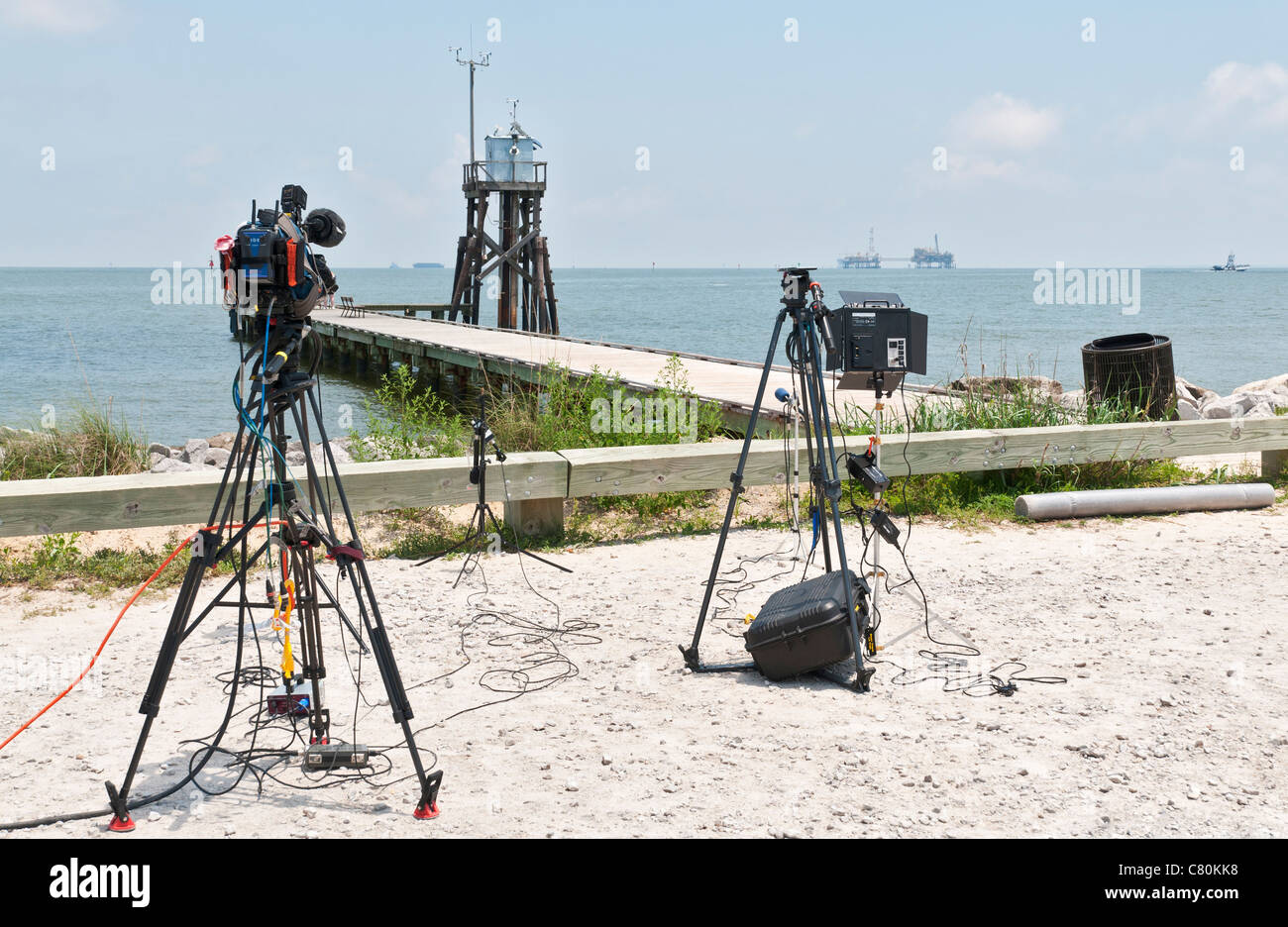 Alabama, Dauphin Island, TV-Nachrichten vor Ort Berichterstattung über BP Oil spill im Golf von Mexiko Stockfoto