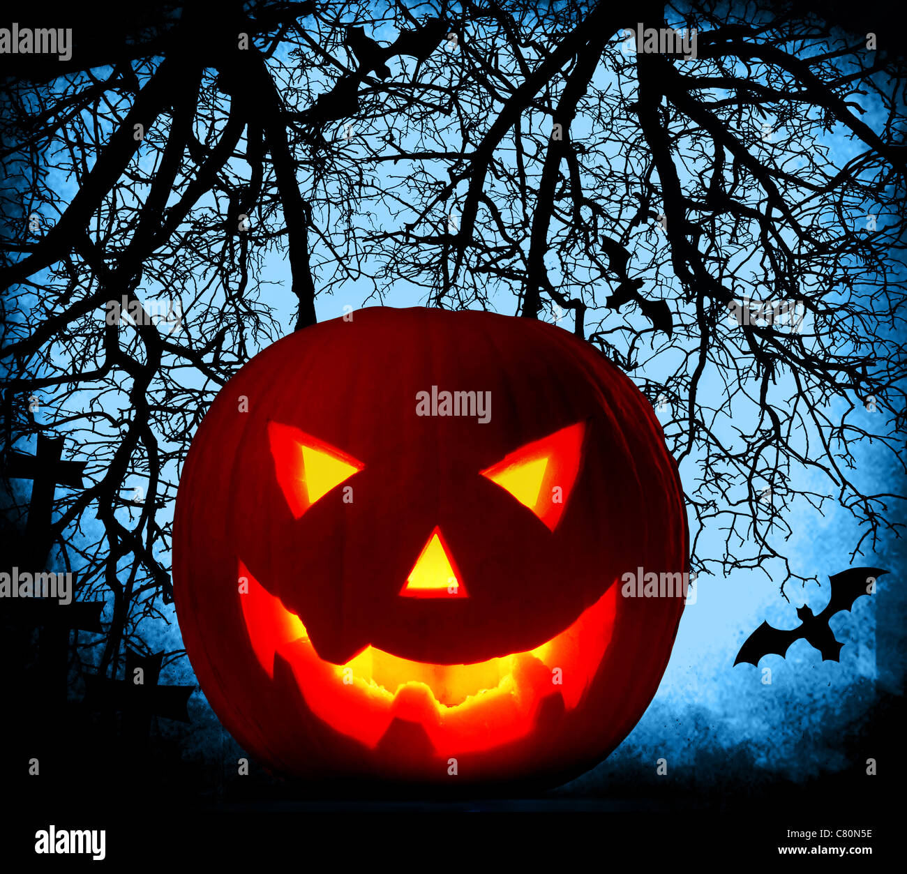 Halloween Kürbis-Hintergrund mit glühenden Jack-o-Laterne nachts Friedhof in den dunklen Wald Stockfoto