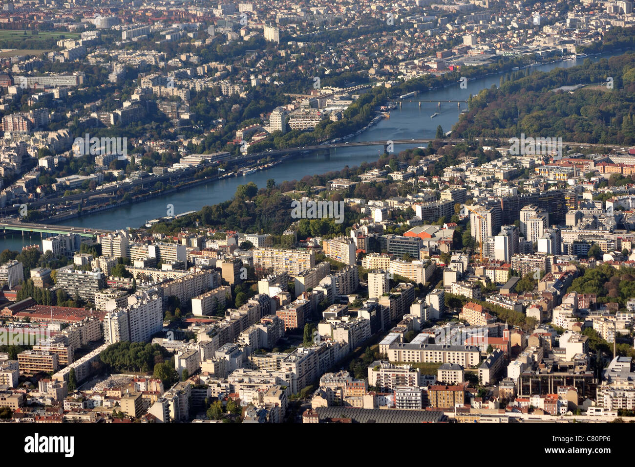 Paris Vororten, Antenne Beschriftung anzeigen aus einem Helikopter-Rundflug Stockfoto
