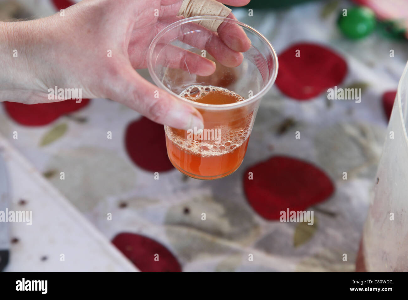 Frisch gepressten Apfelsaft statt vor einer Tischdecke Äpfel Stockfoto