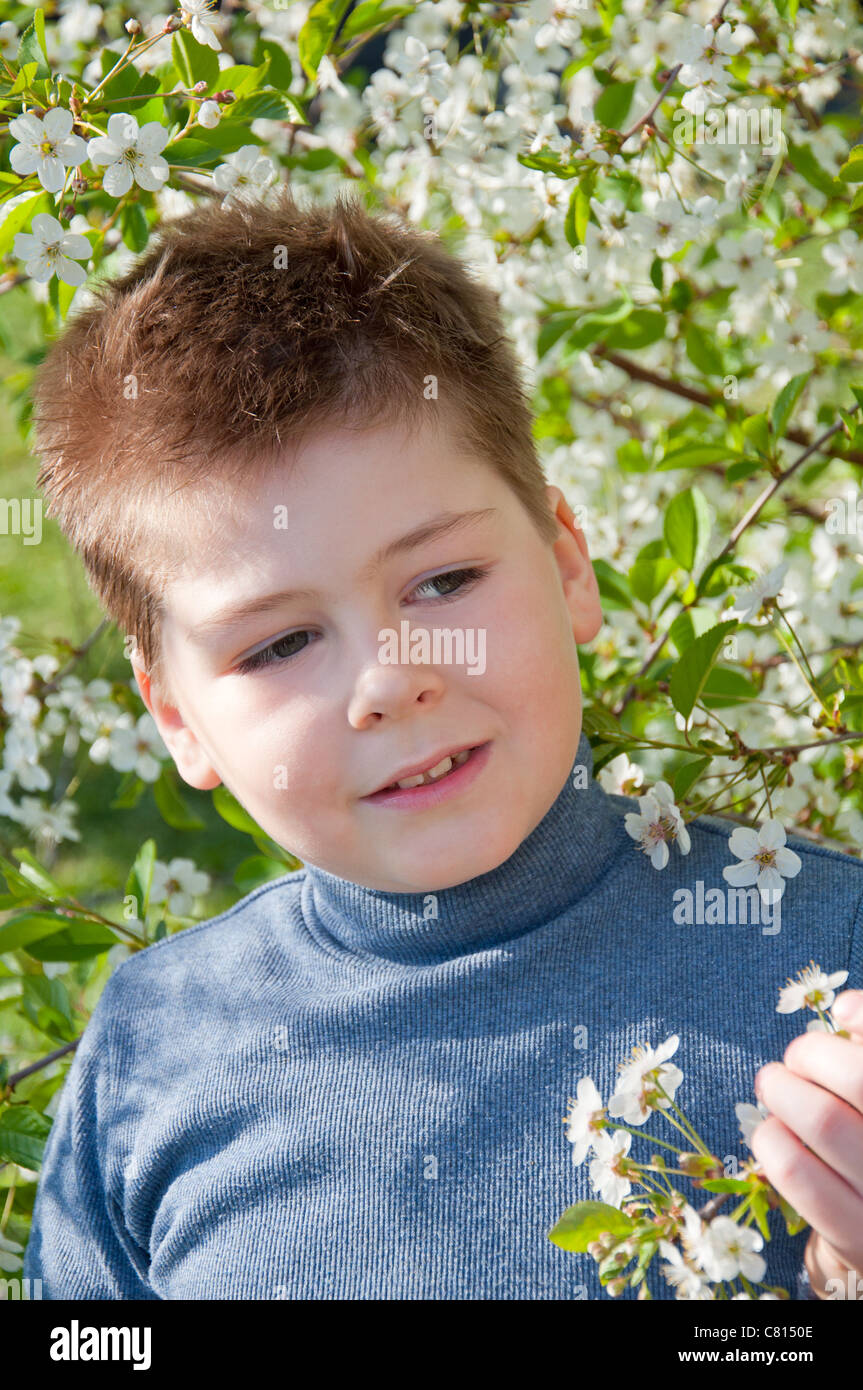 junge Porträt Blüten Frühling Kind ein schönes Gesicht große enge Blume Blüte blühen Zweig Zweig Kirsche weiß Sommertag Stockfoto