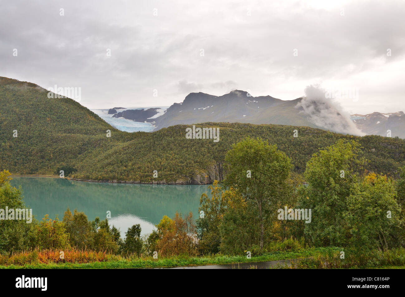 Berglandschaft mit einem grünen Fjord in Südnorwegen. Holandsfjord, Nord-Norwegen Stockfoto