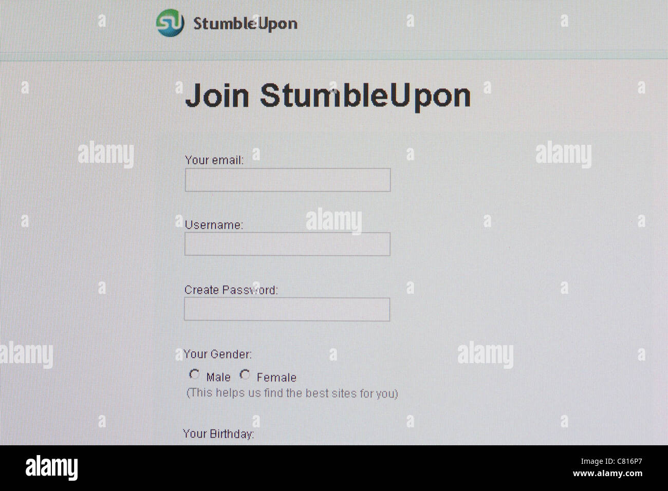 StumbleUpon-Anmeldeseite Stockfoto