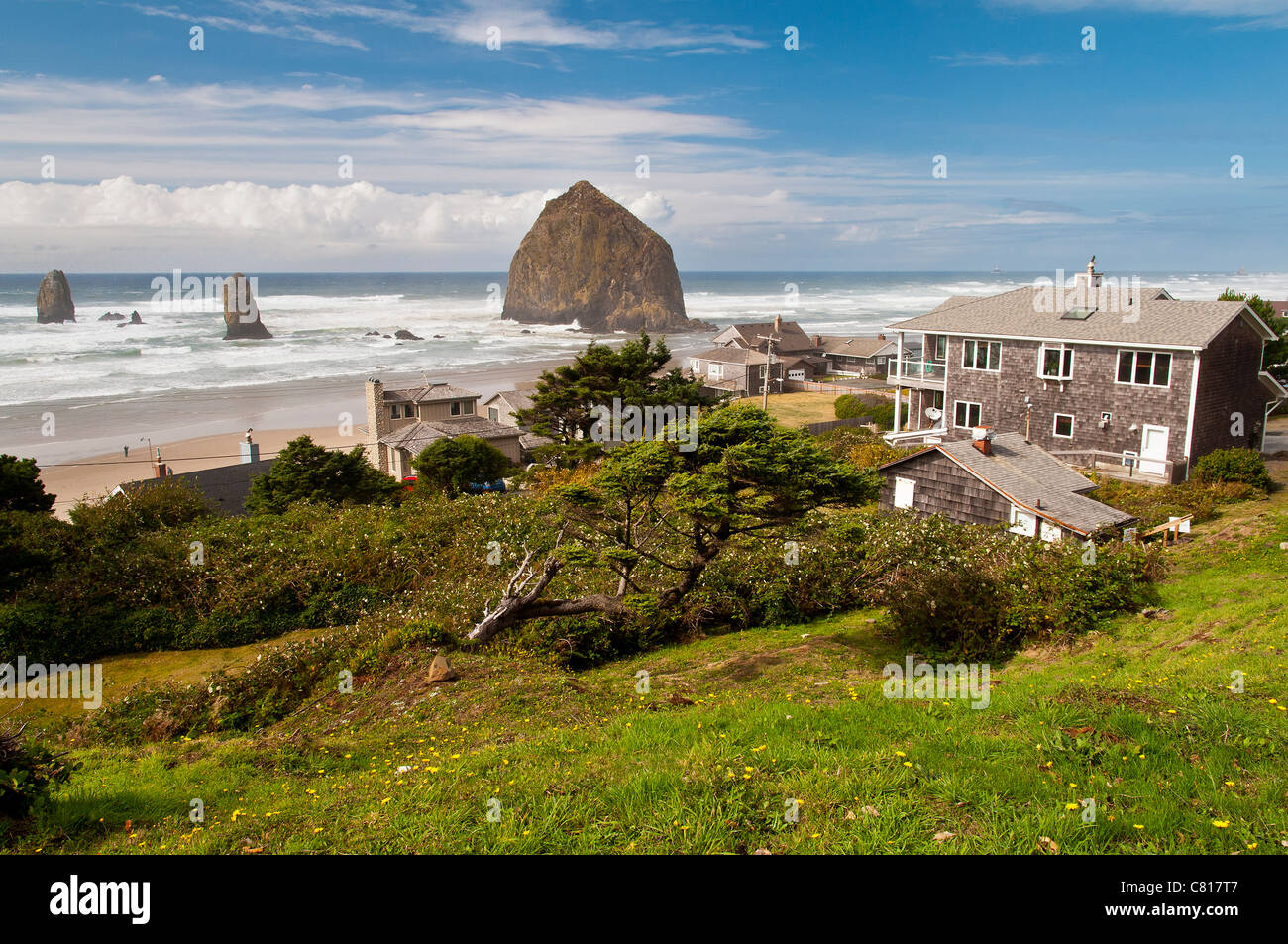 Panoramablick über Haystack Rock, Cannon Beach, Oregon, USA Stockfoto