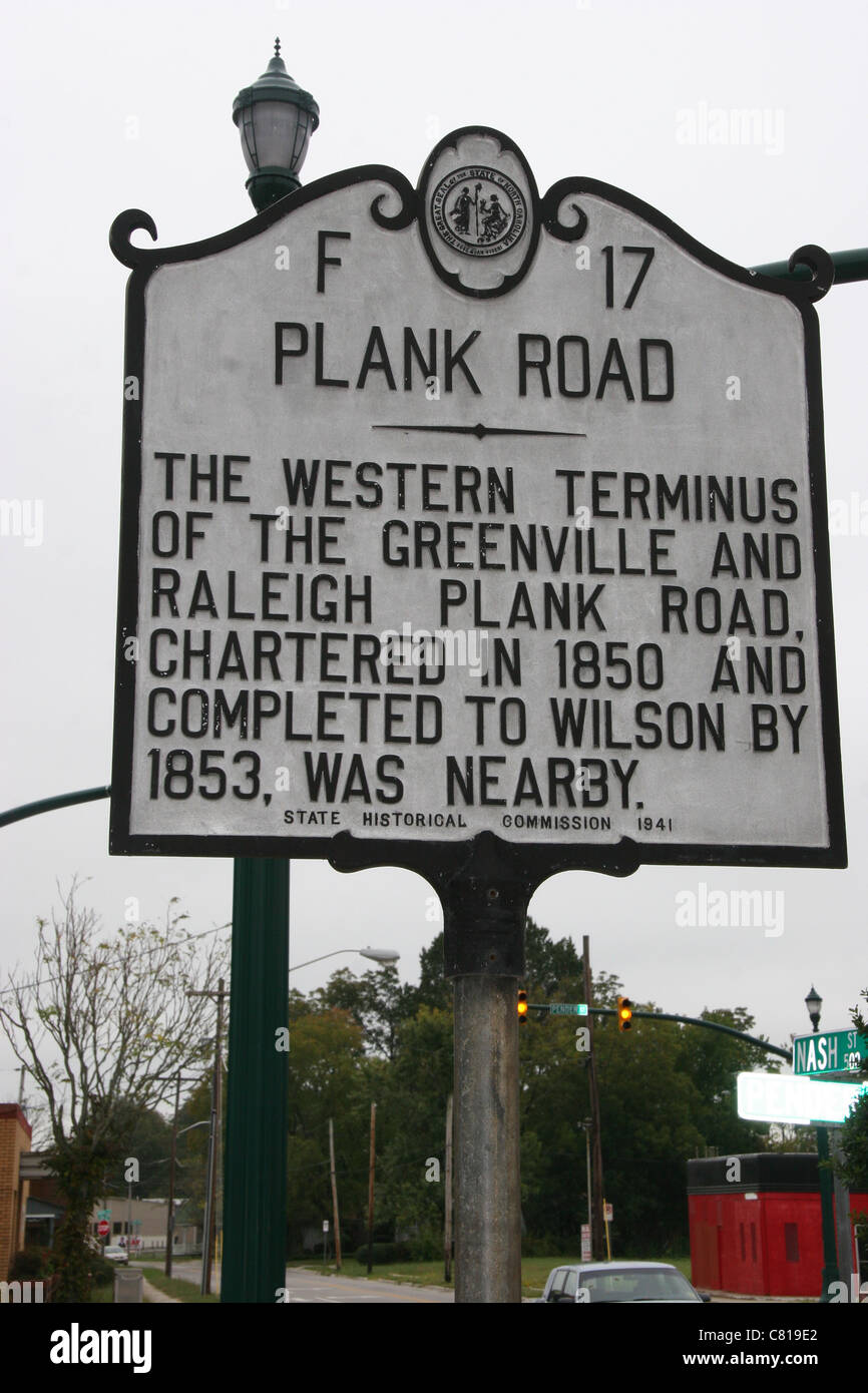 PLANK ROAD die westliche Endstation der Greenville und Raleigh Plank Road, im Jahre 1850 gechartert und Wilson abgeschlossen Stockfoto