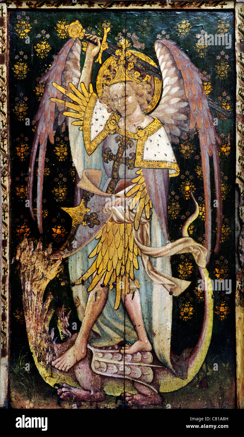 Ranworth, Norfolk, Lettner, unter der Leitung der Erzengel Michael, erschlagen Multi Dragon Heiligen Heiligen Erzengel Drachen Englisch Stockfoto