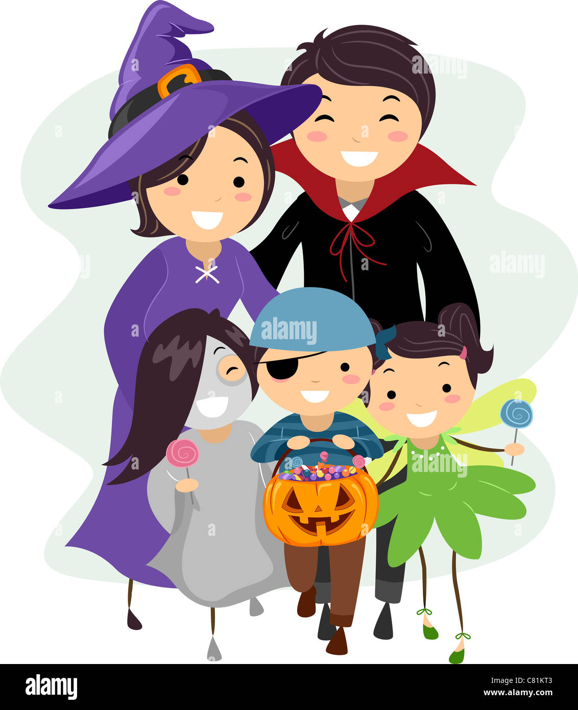 Abbildung einer Familie in Halloween-Kostümen gekleidet Stockfoto